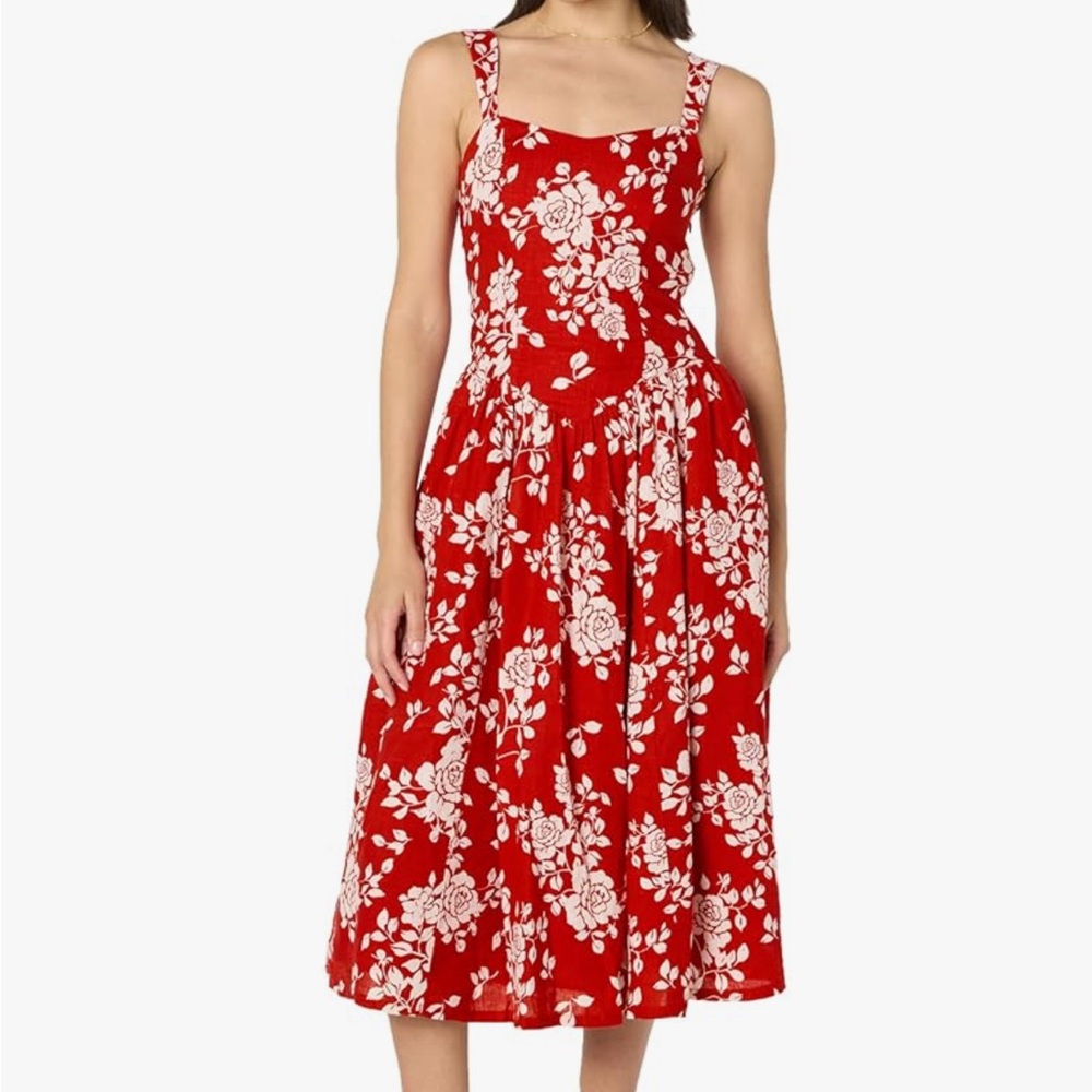 The Drop Balu Feminine Shaped Waist Midi Dress Floral Red Dress size L